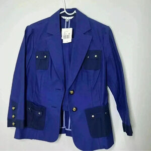 CAbi Blue Canvas Blazer Gold Button Accents Set Size 6 Skirt 8